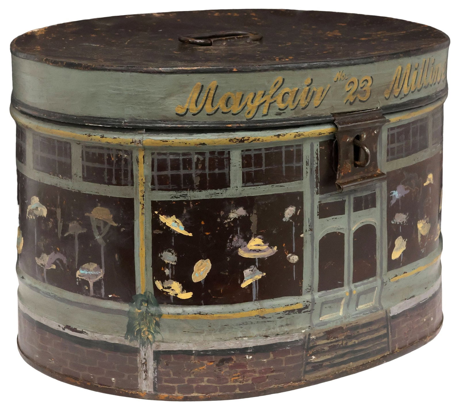 ENGLISH EDWARDIAN PAINTED 'MAYFAIR MILLINERY' METAL HAT BOX (1 of 6)