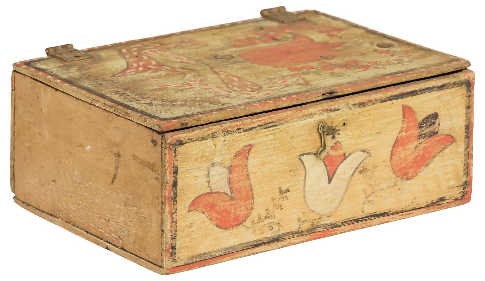 ENGLISH TULIP & FLORAL VINE PAINTED PINE TABLE BOX (1 of 5)