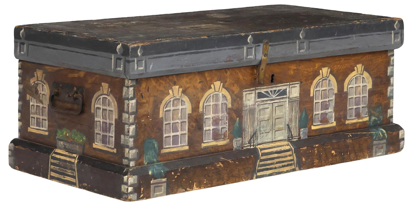 ENGLISH PAINT-DECORATED PINE HOUSE FACADE WORK BOX (1 of 5)