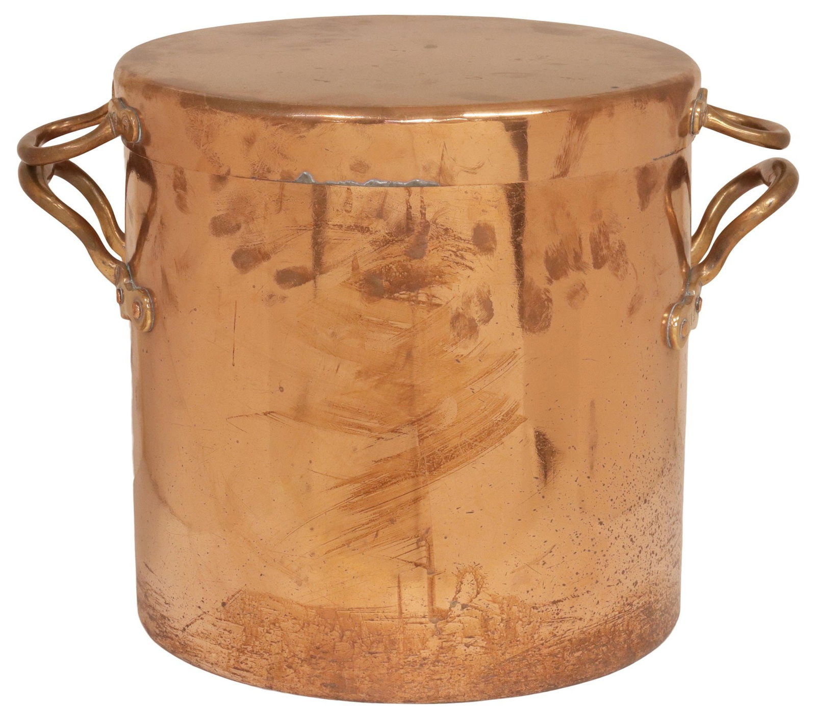 LARGE ENGLISH COPPER LIDDED KITCHEN STOCKPOT, 12.5"H: Large English copper covered pot, 19th c., having dual side handles, stamped 12, corked hole along lower edge, approx 12.5"h, 16.5"w, 12.5"d, 20lbs