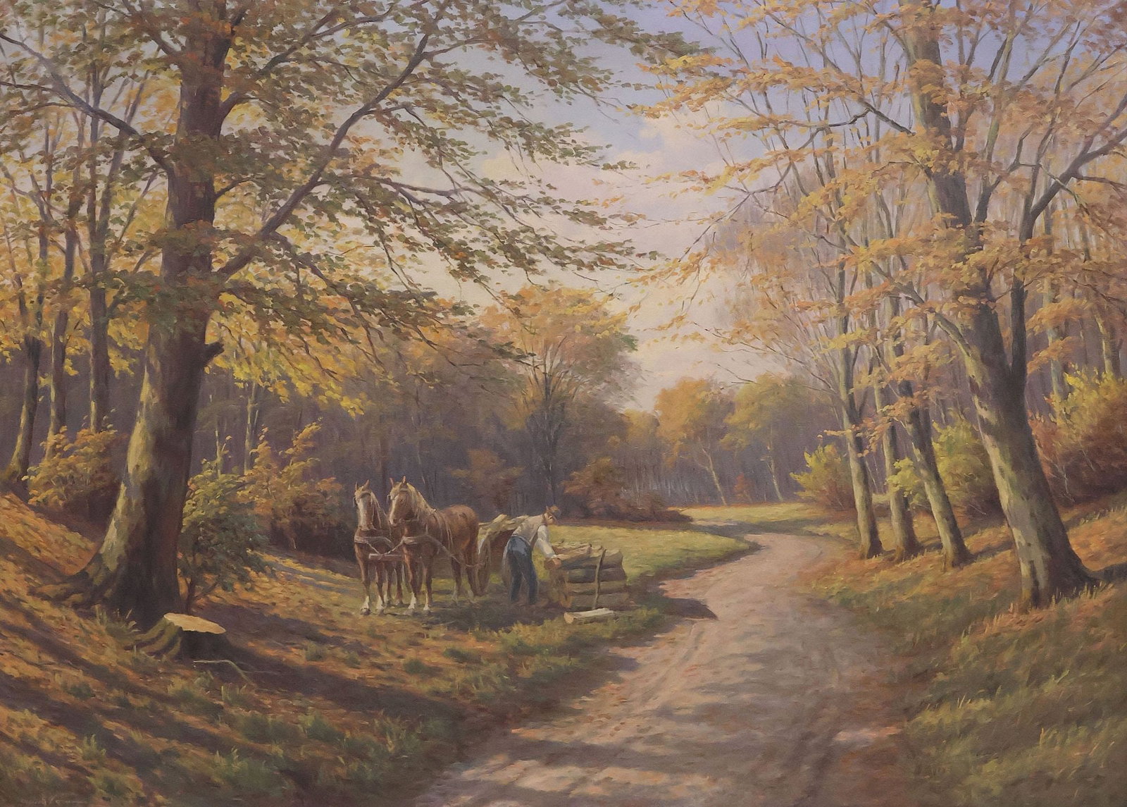 LARGE ALFRED LARSEN (DUTCH, D.1946) PAINTING, WOODLAND SCENE, 39" X 54.5": Large framed oil on canvas painting, Fetching Firewood in the Forest, signed lower left Alfred Larsen (Dutch, 1860-1946), sight: approx 39"h, 53.75"w, overall: approx 46.75"h, 62.5"w, 25lbs