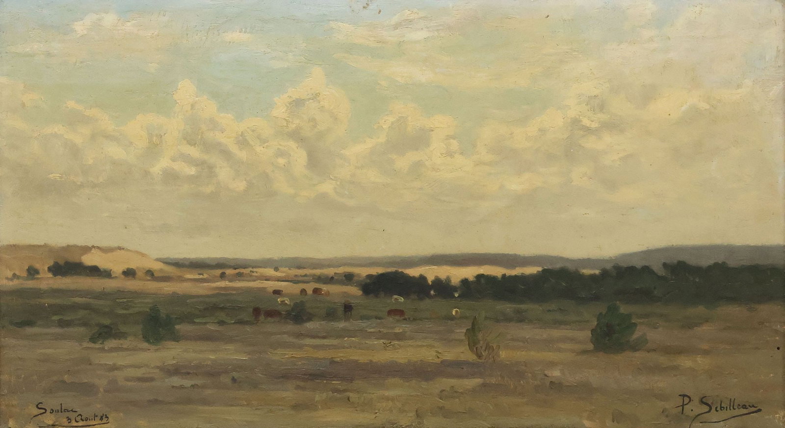 PAUL SEBILLEAU (1847-1907), FRENCH LANDSCAPE PAINTING, 1883: Framed oil on wood panel painting, "Soulac," signed lower right P. Sebilleau (Paul Sebilleau, French,1847-1907), titled and dated at lower left "3 Aout 83" (August 3, 1883), the verso with the tag of 