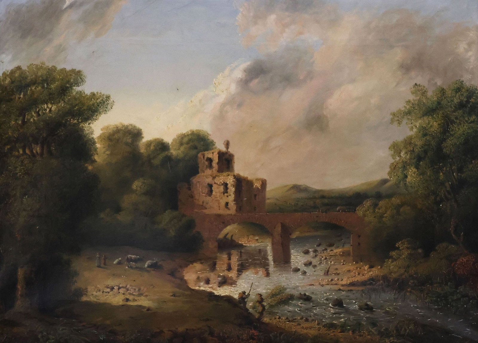 SIGNED ENGLISH SCHOOL PAINTING, CASTLE RUINS & BRIDGE LANDSCAPE: Framed English School oil on canvas painting, Coastal Landscape with Architectural Ruins and Bridge, initialed lower left R.W., sight: approx 18.5"h, 25.5"w, overall: approx 25"h, 32"w, 9.25lbs