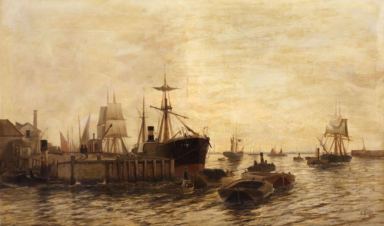 EDWARD FLETCHER (BRITISH, D.1945) PAINTING, THAMES HARBOR LANDSCAPE, 30" X 50" (1 of 4)