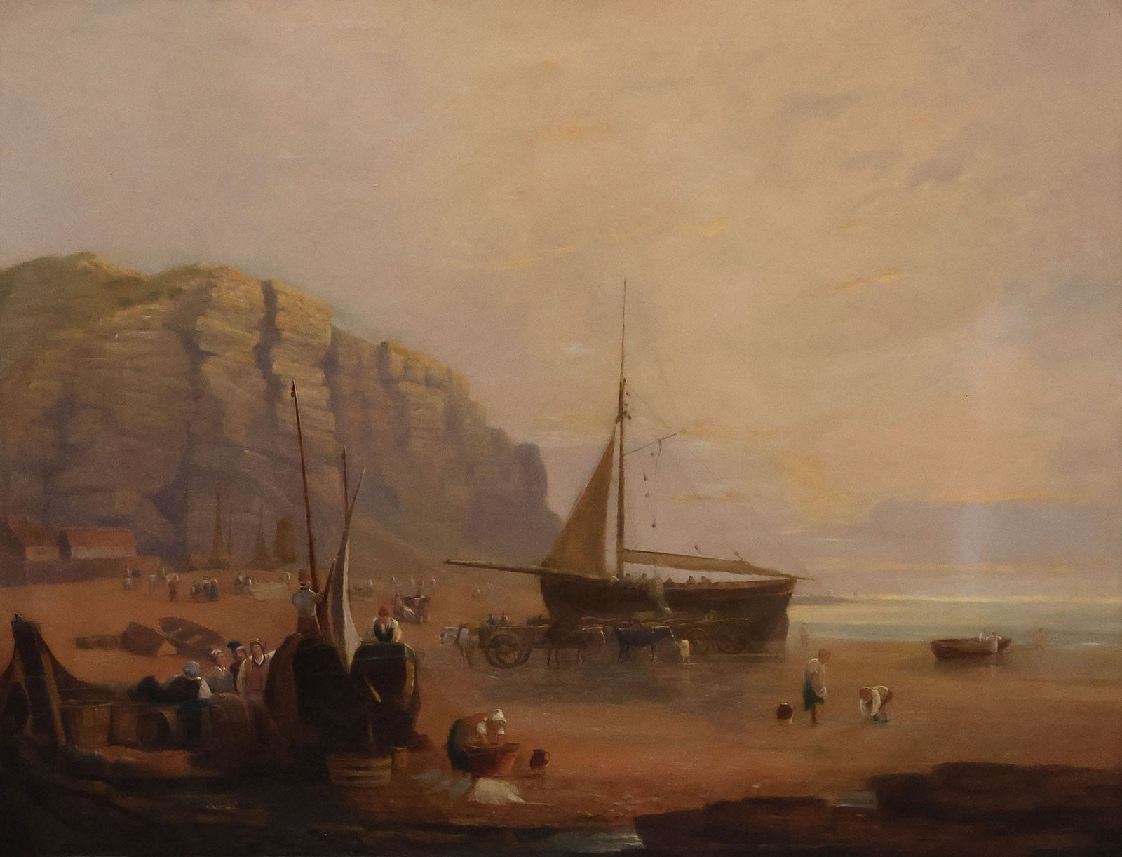 ENGLISH SCHOOL (19TH C.) PAINTING, FISHERMEN & SAILBOATS SCENE, 23" X 30": Framed English School oil on canvas painting, Coastal Scene with Sailboats and Fishermen, apparently unsigned, canvas relined, sight: approx 22.75"h, 29.5"w, overall: approx 31/75"h, 39"w, 22lbs