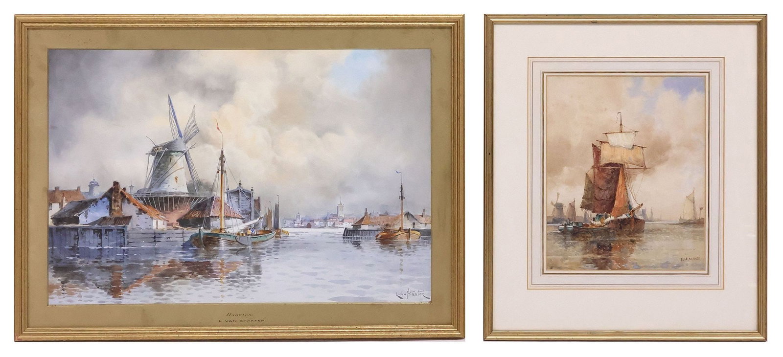(2) FREDERICK ALDRIDGE (D.1933) & HERMANUS KOEKKOEK II (D.1909) NAUTICAL WATERCOLORS: (lot of 2) Framed watercolor paintings on paper, each encased behind glass, including: (1) "Haarlem," signed lower right L. Van Staaten (also known as Hermanus Koekkoek II, Dutch, active in London, 18