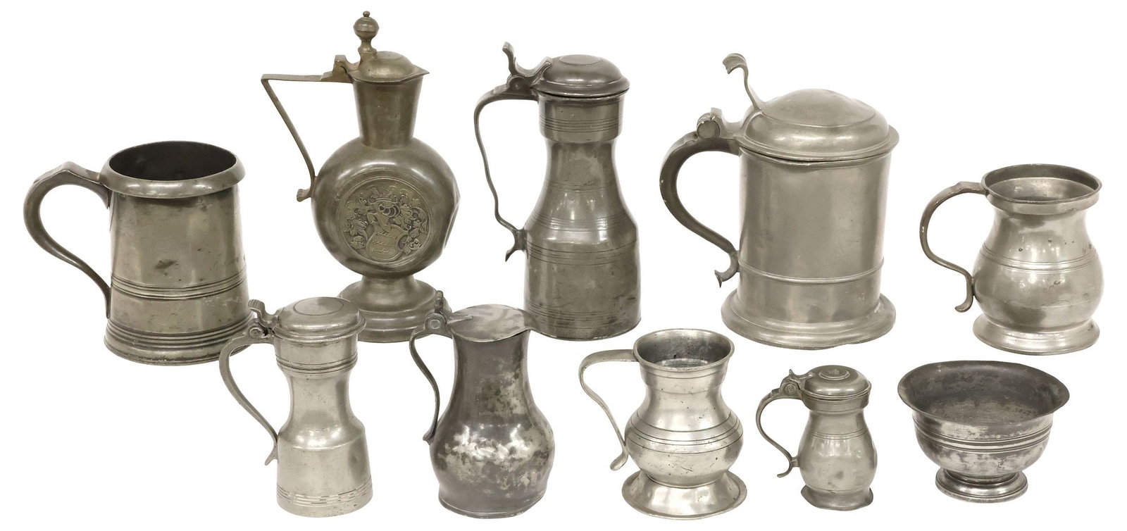 (10) ENGLISH PEWTER TABLEWARE, VESSELS, TANKARDS, EWER & BOWL (1 of 10)