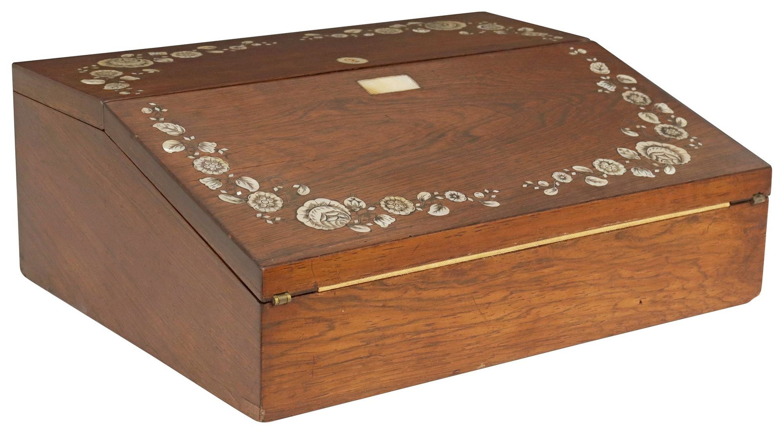 ENGLISH VICTORIAN MOTHER-OF-PEARL INLAID ROSEWOOD LAP DESK / WRITING SLOPE: English Victorian rosewood inlaid lap desk/ writing slope, late 19th c., engraved mother-of-pearl marquetry flower vines surrounding inlaid escutcheon and vacant cartouche on the slant front, interior
