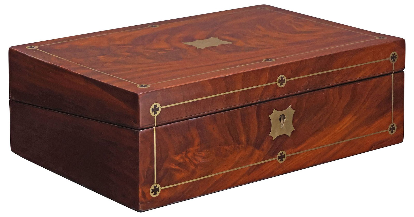 ENGLISH FIGURED BRASS INLAID MAHOGANY WRITING SLOPE / TRAVEL DESK (1 of 10)