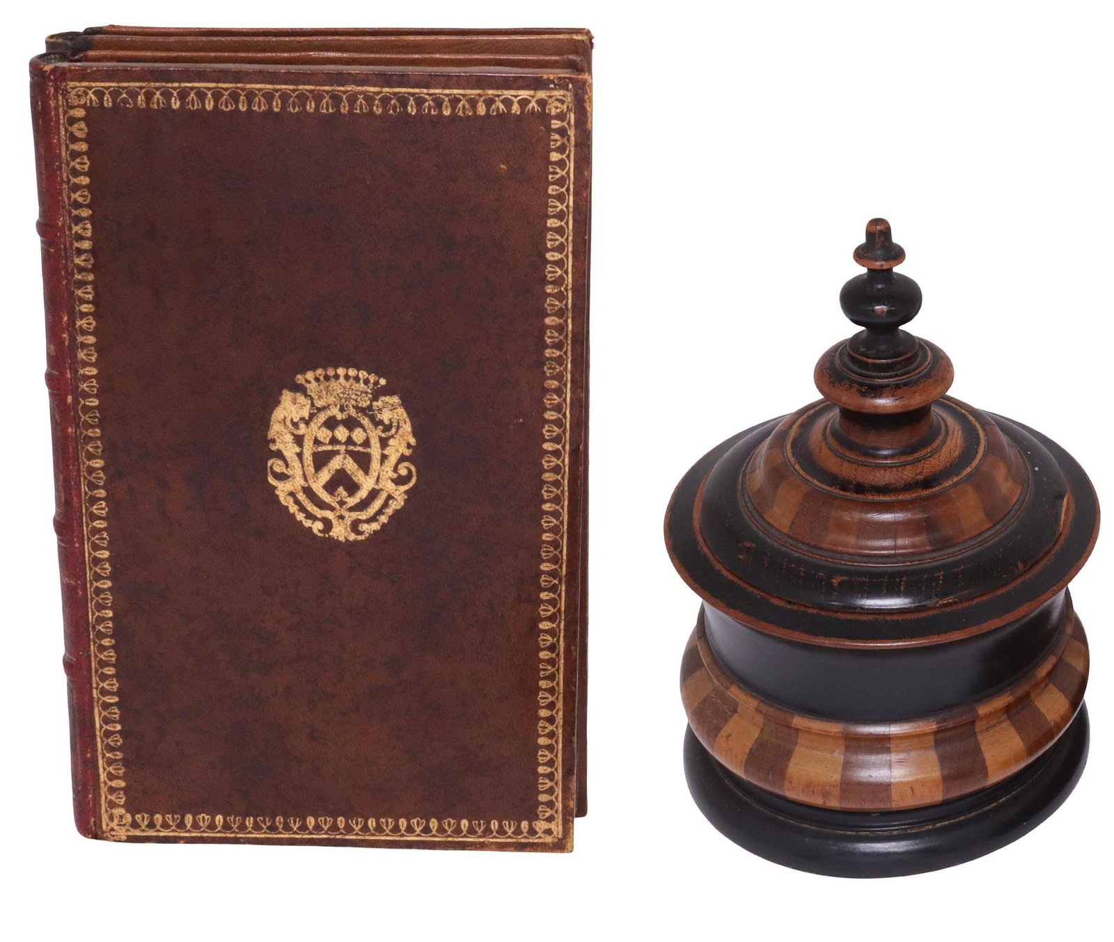 (2) DUTCH TREEN INLAID TOBACCO JAR & FRENCH LEATHER BOOK-FORM BOX (1 of 3)