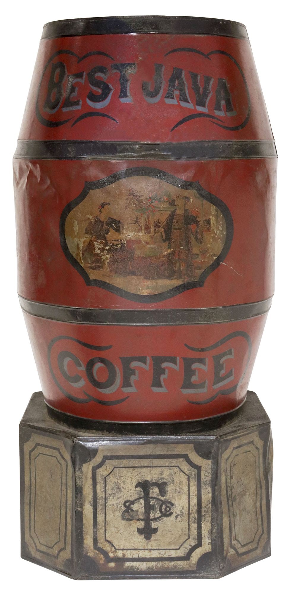 LARGE ENGLISH PAINTED TOLE ADVERTISING BARREL, 'BEST JAVA COFFEE' (1 of 8)