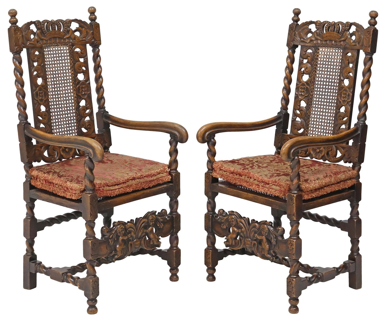 (2) ENGLISH CAROLEAN STYLE CARVED WALNUT CANED ARMCHAIRS (1 of 7)