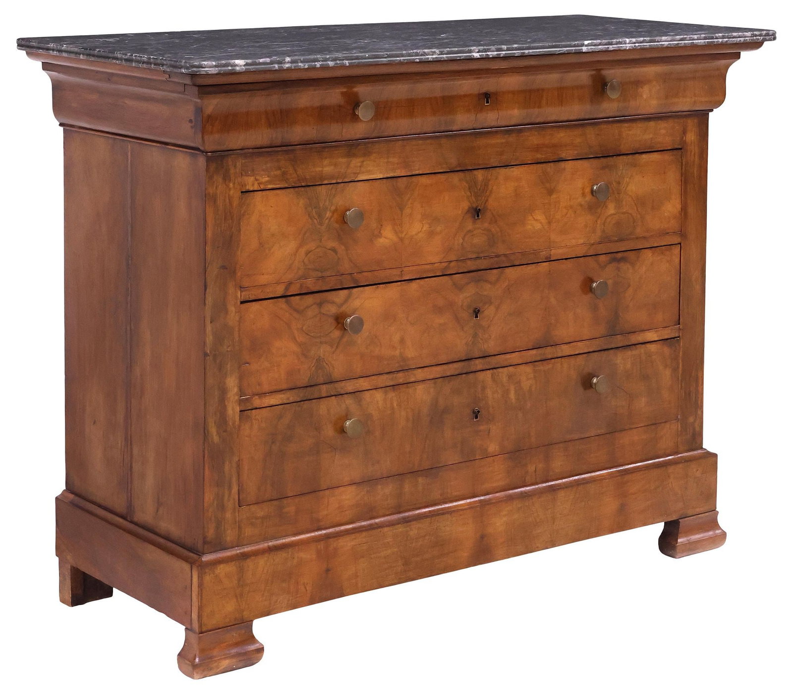 FRENCH LOUIS PHILIPPE PERIOD MARBLE-TOP FIGURED WALNUT COMMODE: French Louis Philippe period figured walnut commode, mid 19th c., having molded-edge marble top, over ogee frieze drawer and three additional drawers, on flared bracket feet, back right-hand corner of