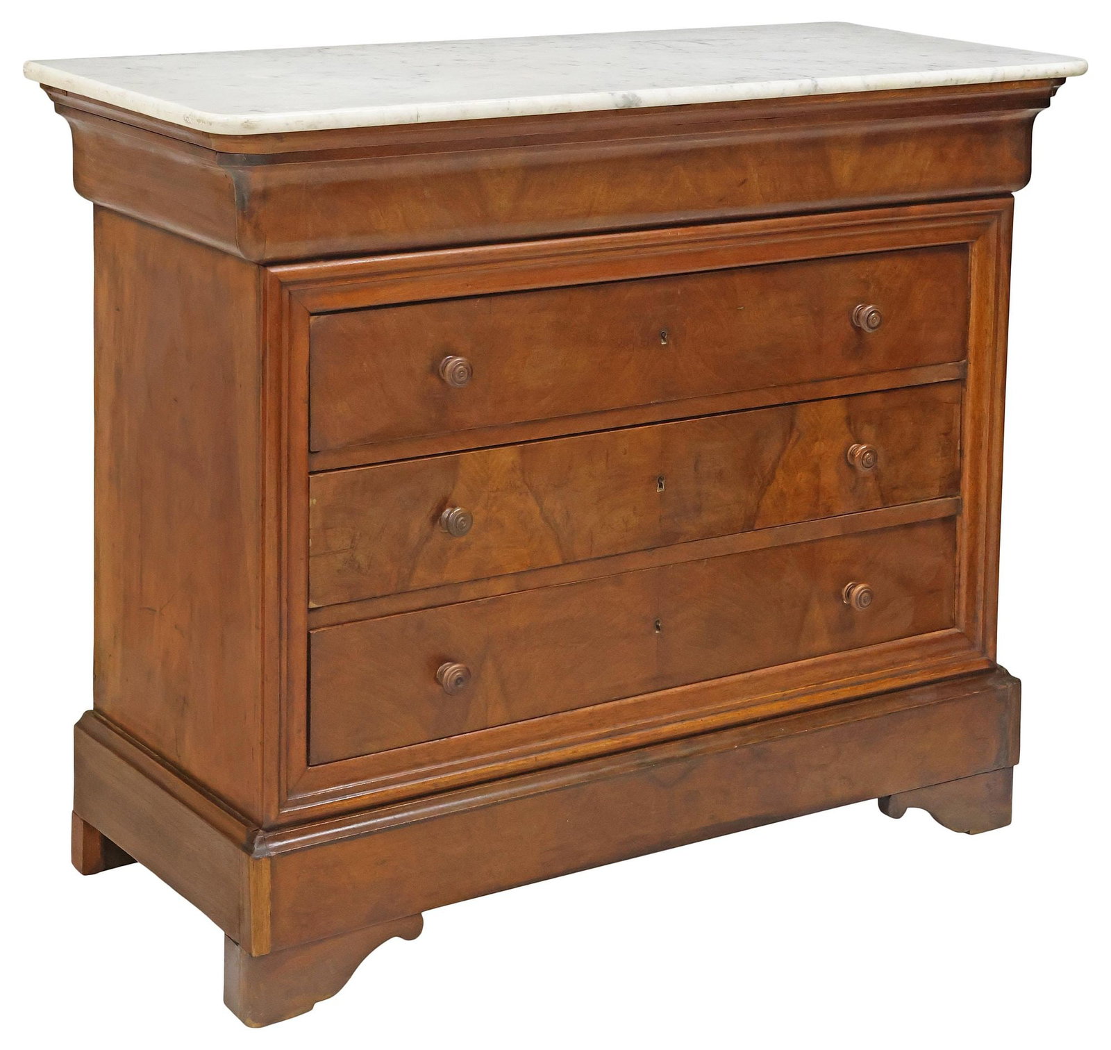 FRENCH LOUIS PHILIPPE PERIOD MARBLE-TOP WALNUT COMMODE: French Louis Philippe period figured walnut commode, mid 19th c., having rounded rectangular marble top, above ogee frieze drawer and three additional drawers, rising on bracket feet, approx 39"h, 47.