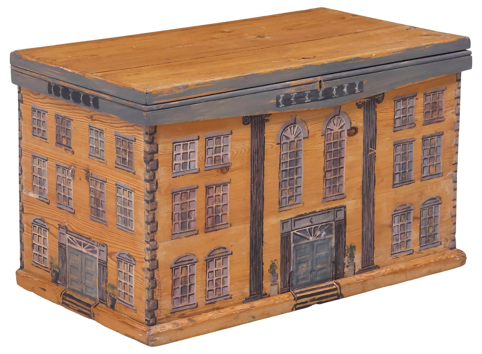 ENGLISH PAINT-DECORATED HOUSE FACADE STORAGE TRUNK: English paint-decorated pine blanket box, late 19th c., the exterior later painted as a Georgian style house facade, hinged lid revealing open interior storage with covered side till, on plinth base,