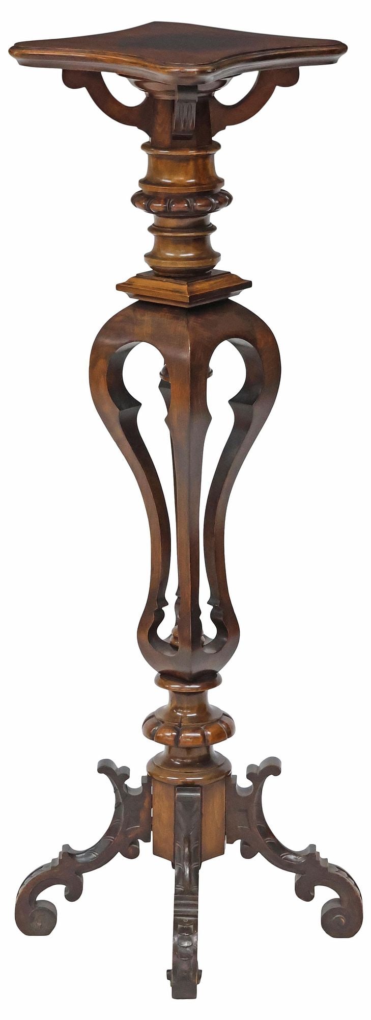 ENGLISH VICTORIAN CARVED MAHOGANY PEDESTAL / PLANT STAND: English Victorian carved mahogany pedestal/ plant stand, late 19th c., having shaped top, rising on turned wood supports, on scrolled quadrupedal base, approx 45.5"h, 12.25"w, 13.5"d