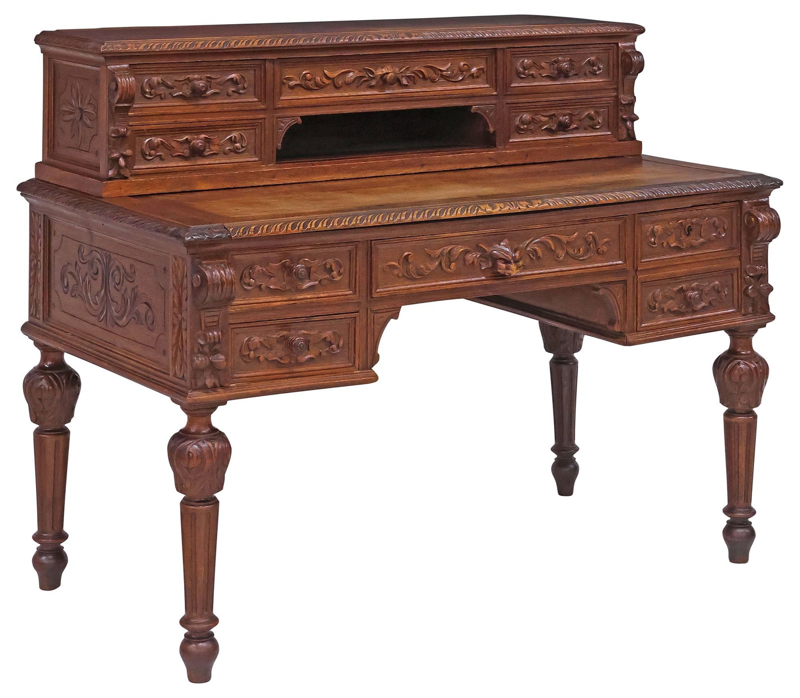 FRENCH HENRI II STYLE CARVED OAK WRITING DESK / BUREAU (1 of 6)