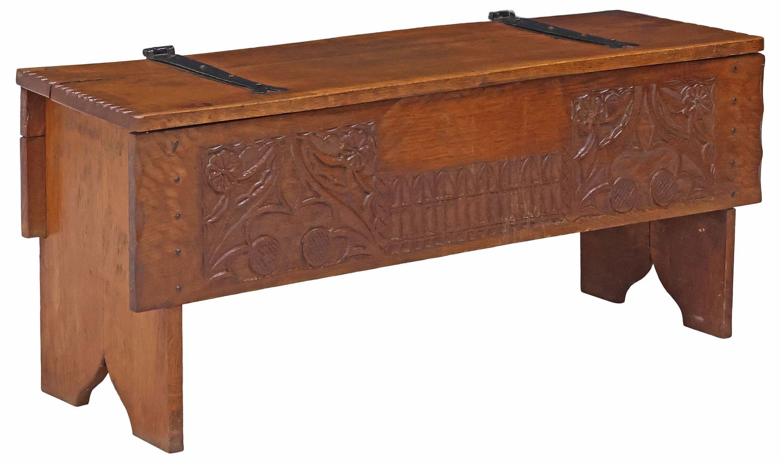 ENGLISH EDWARDIAN CARVED OAK 6-PLANK STORAGE COFFER: English carved oak six-plank coffer or storage trunk, early 20th c., rectangular top on iron strap hinges with chip-carved edges, revealing open interior storage, front panel with floral motifs and