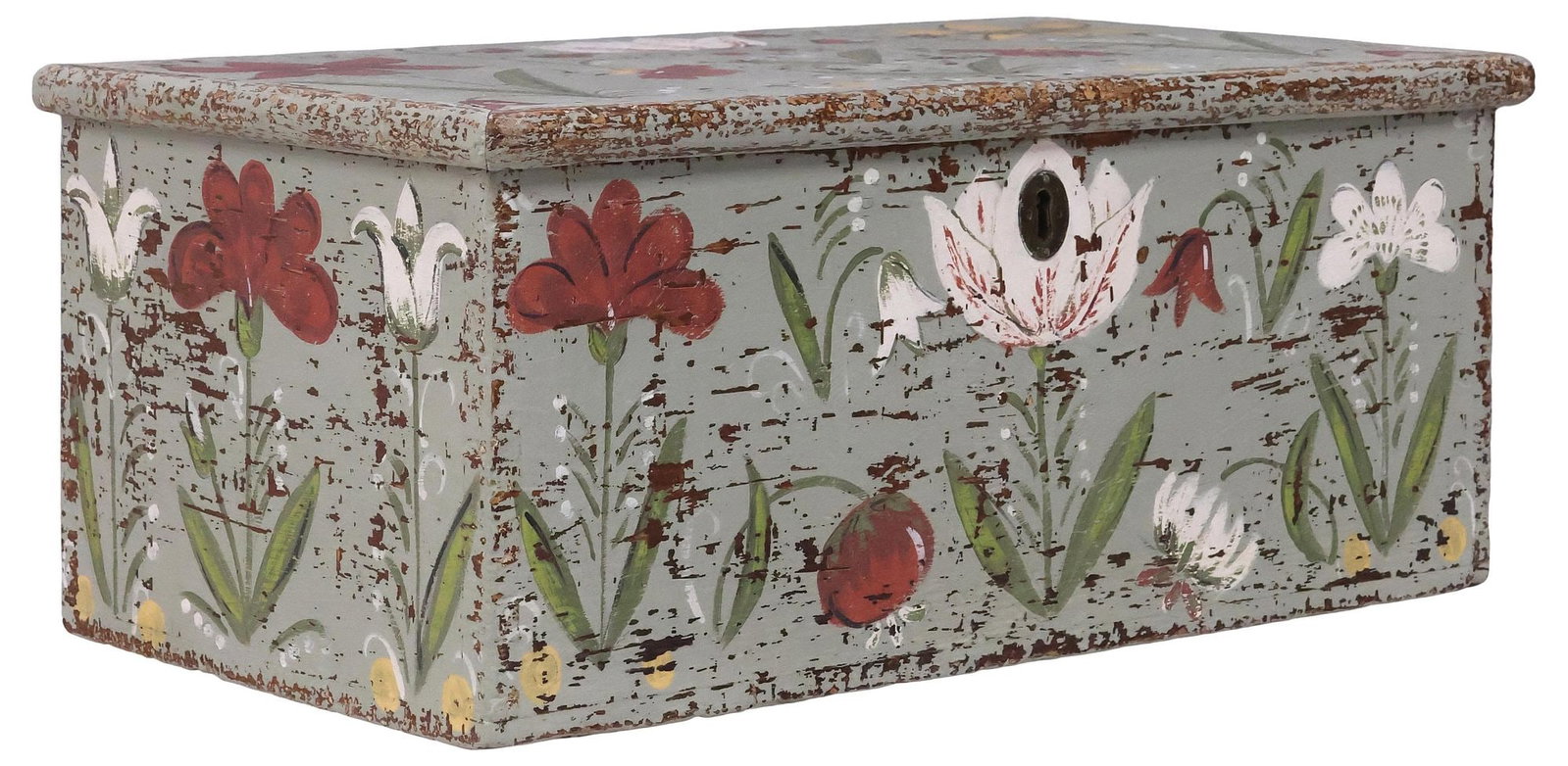 ENGLISH PAINT-DECORATED PINE STORAGE CHEST /TRUNK: English paint-decorated pine storage box, 19th c., in later painted and distressed floral motif, after the Pennsylvania Dutch style, open interior, approx 9.75"h, 23"w, 12.5"d, 13lbs
