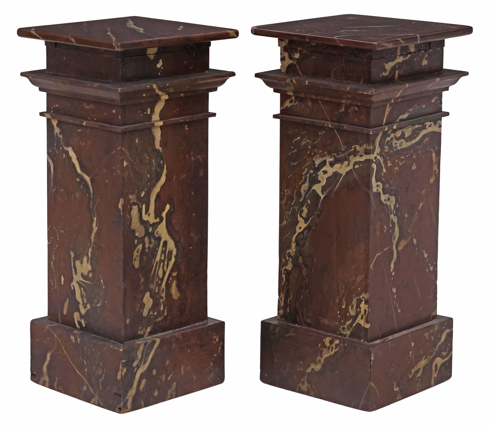 (2) RECTANGULAR FAUX MARBLE PAINTED PEDESTALS / DISPLAY STANDS: (pair) Rectangular wood pedestals/ display stands, 20th c., each in a marbleized painted finish, rising on platform base, approx 29"h, 12.5"w, 12.5"d **Provenance: Fred Nevill Antiques, one of