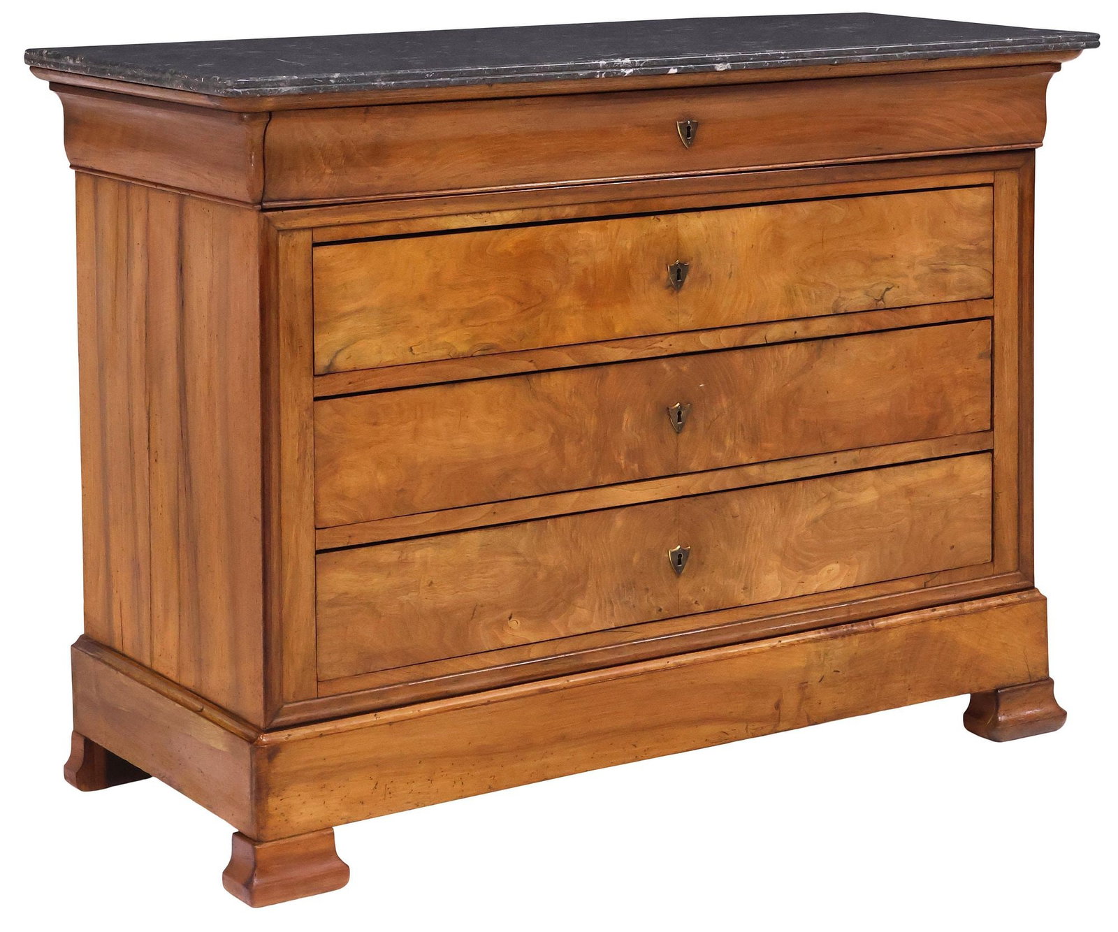 FRENCH LOUIS PHILIPPE PERIOD MARBLE-TOP WALNUT COMMODE: French Louis Philippe period walnut commode, mid 19th c., having marble top, above ogee frieze drawer, and three standard drawers, on flared bracket feet, approx 37"h, 50"w, 22.75"d