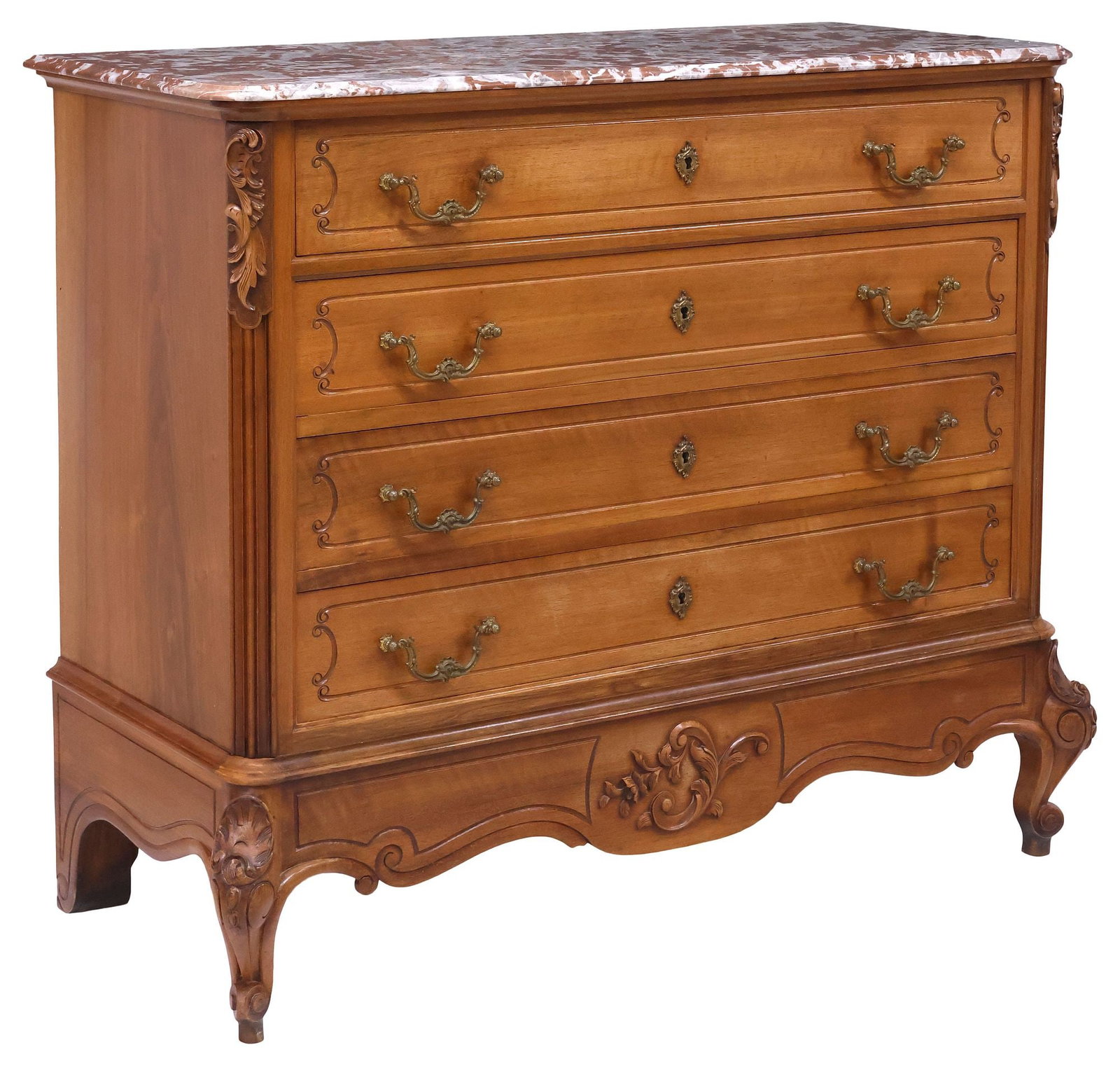 FRENCH LOUIS XV STYLE MARBLE-TOP CARVED WALNUT COMMODE: French Louis XV style walnut commode, early 20th c., beveled-edge marble top, over four drawers with incised scrolling trim, rising on cabriole legs and whorl feet, finish fading to drawer fronts,