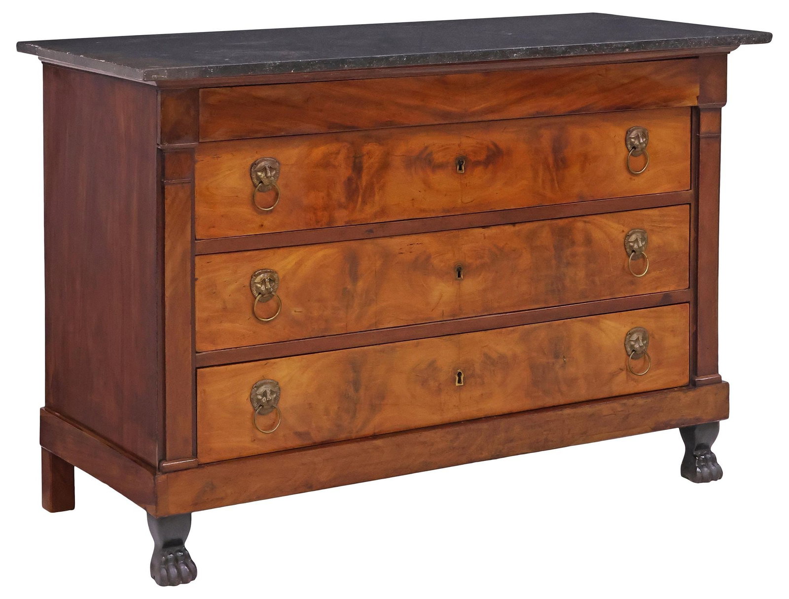 FRENCH EMPIRE PERIOD MARBLE TOP BURLED MAHOGANY COMMODE: French Empire period figured mahogany commode, early 19th c., having rectangular marble top, single frieze drawer revealing three compartments, above three drawers with lion mask pulls, rising on