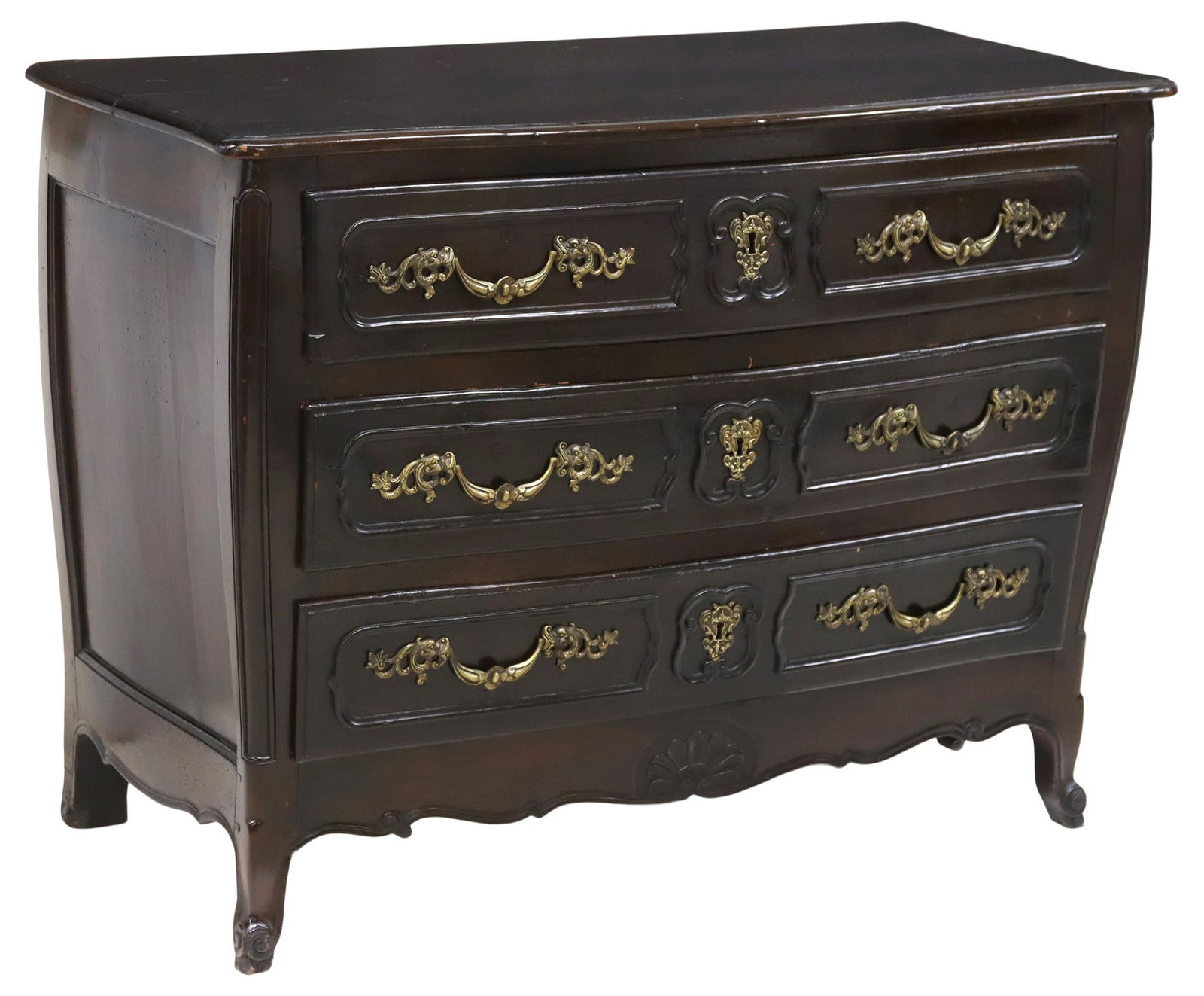 FRENCH LOUIS XV STYLE STAINED WALNUT COMMODE: French Louis XV style walnut bombe commode, 18th c./ 19th c., shaped case fitted with three paneled drawers, rising on short cabriole legs, ending on whorl feet, approx 33"h, 43"w, 20.5"d