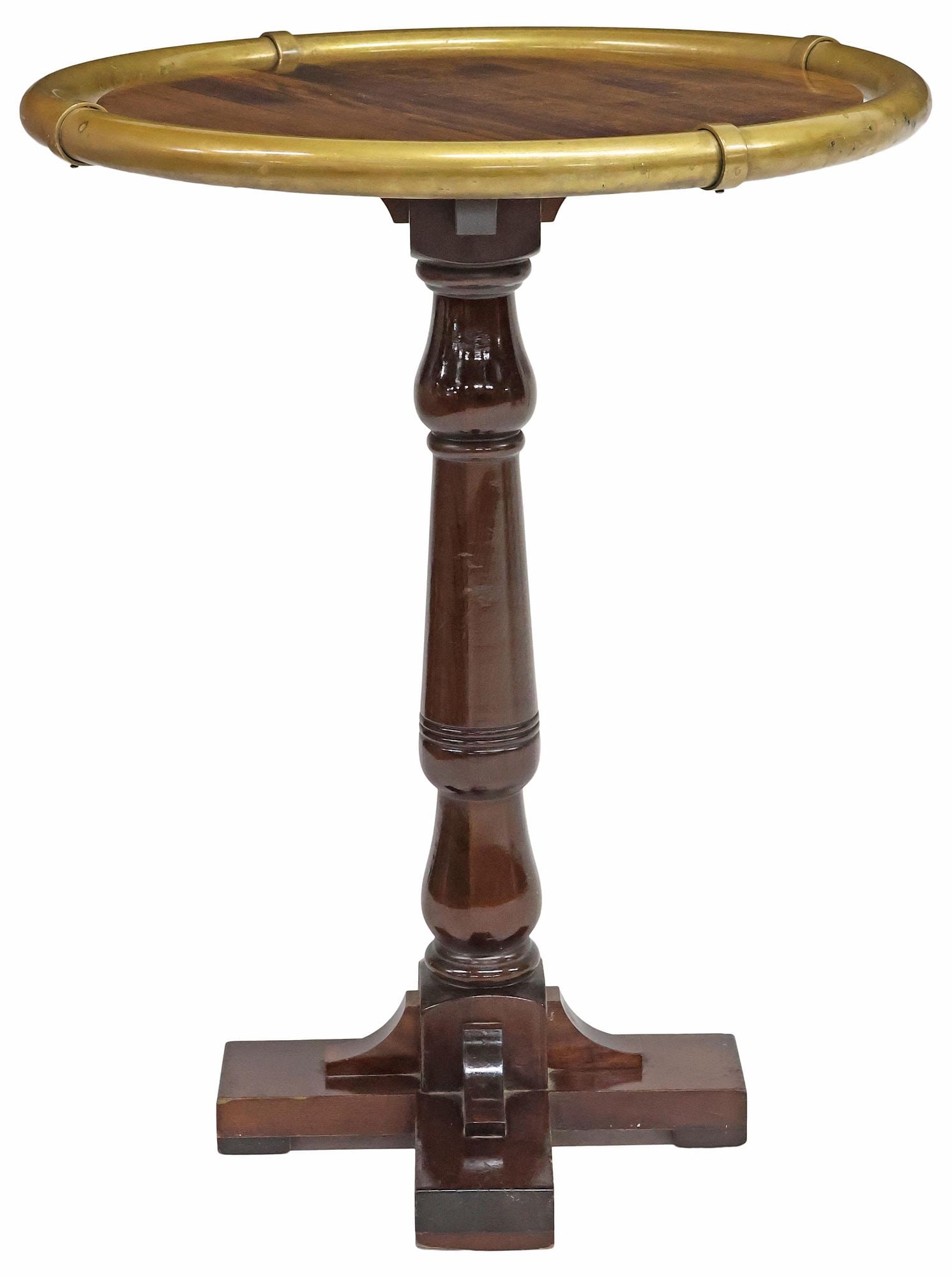 ENGLISH MAHOGANY BAR-HEIGHT PUB TABLE WITH BRASS RAIL: English mahogany bar-height pub table, 20th c., having circular top encased by brass rail, rising on turned standard and quadripartite base, approx 44"h, 35"diam, floor to bottom of apron