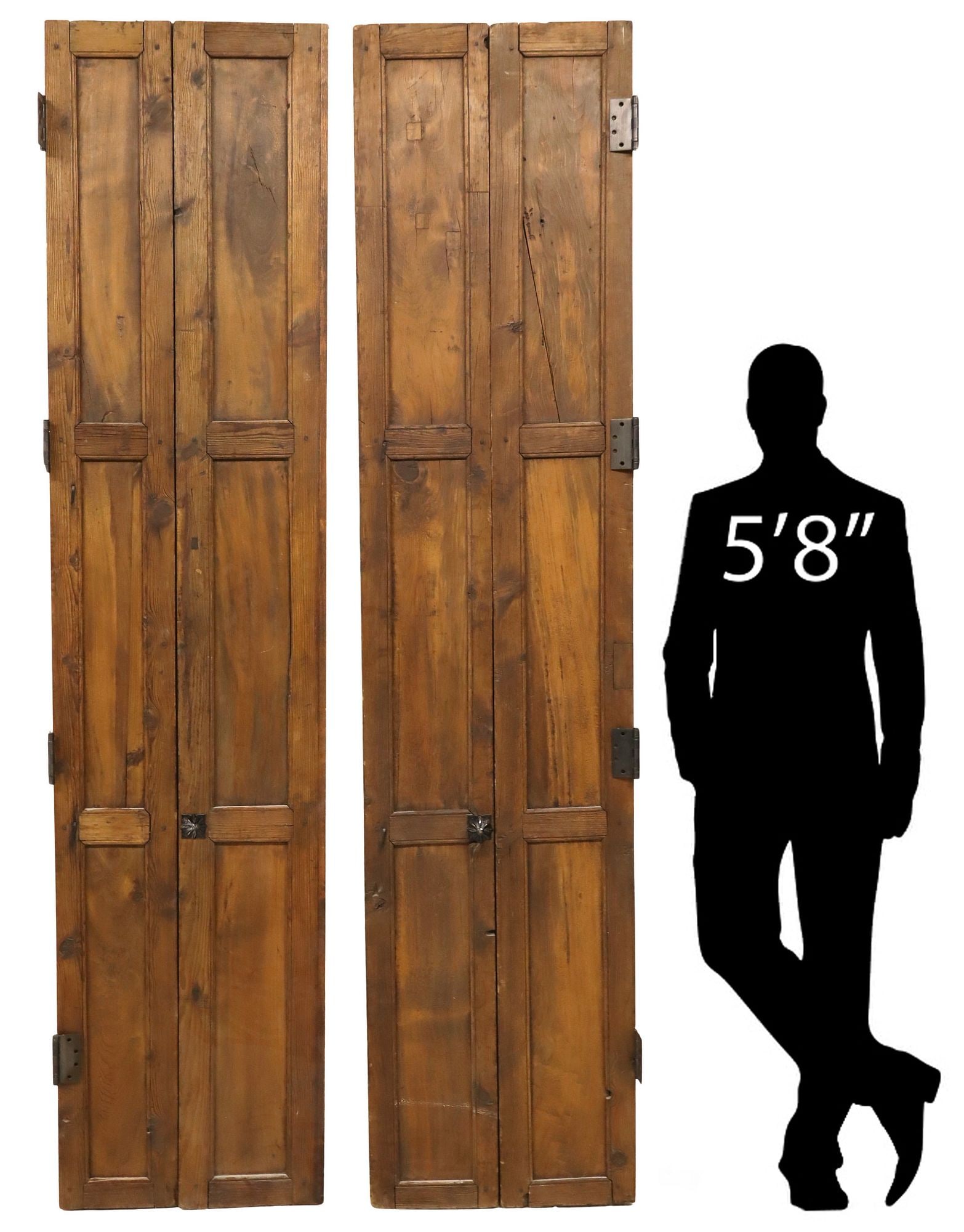 (2) LARGE RUSTIC PANELED PINE FOLDING ARCHITECTURAL DOORS, 108"H: (pair) Monumental rustic pine folding architectural doors, 19th c., each having paneled rectangular frame, with central hinged vertical axis, paneled back, later metal hinges and doorknobs, each: