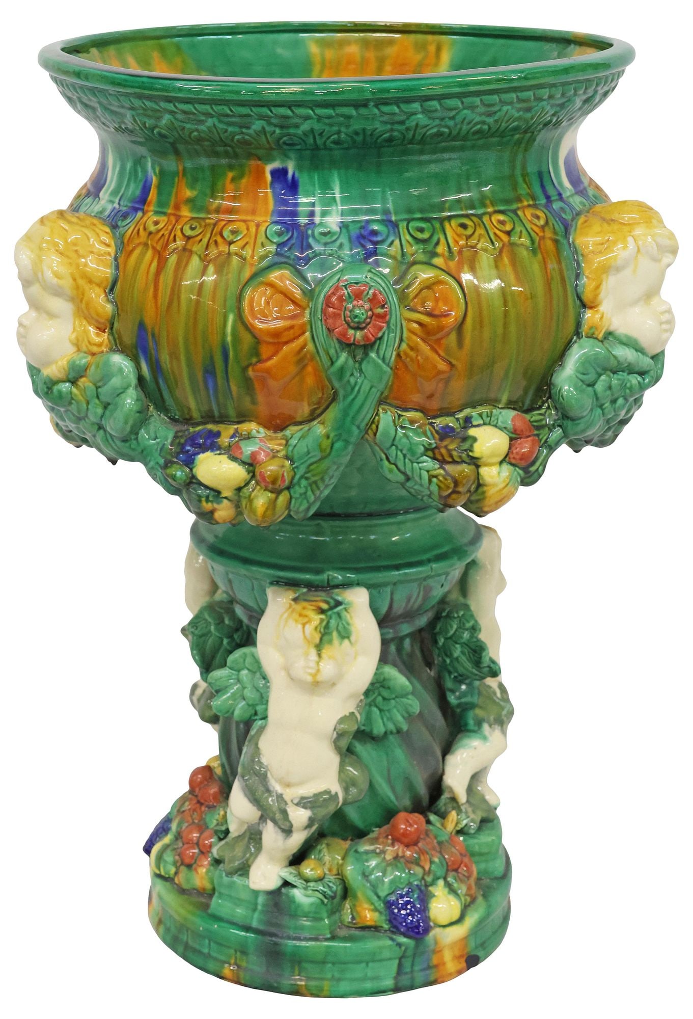LARGE ENGLISH MINTON-STYLE MAJOLICA CHERUBS JARDINIERE / PLANTER (1 of 6)