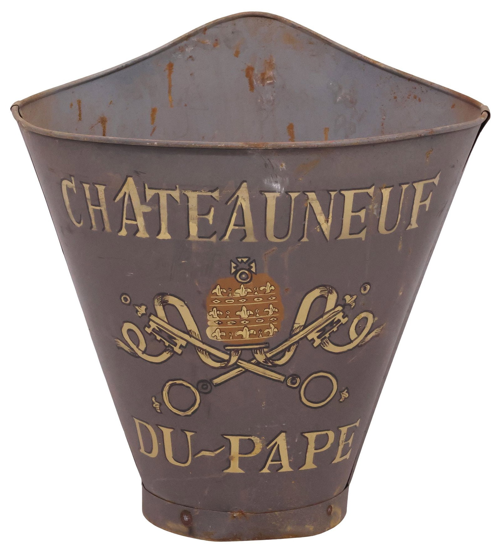 FRENCH VINEYARD PAINTED METAL GRAPE PICKER'S HOTTE / HOD: French paint-decorated galvanized metal grape picker's hotte/ hod, 20th c., stenciled Chateauneuf Du Pape logo with Saint Peter's keys and papal tiara, retaining remnants of worn leather straps, appro