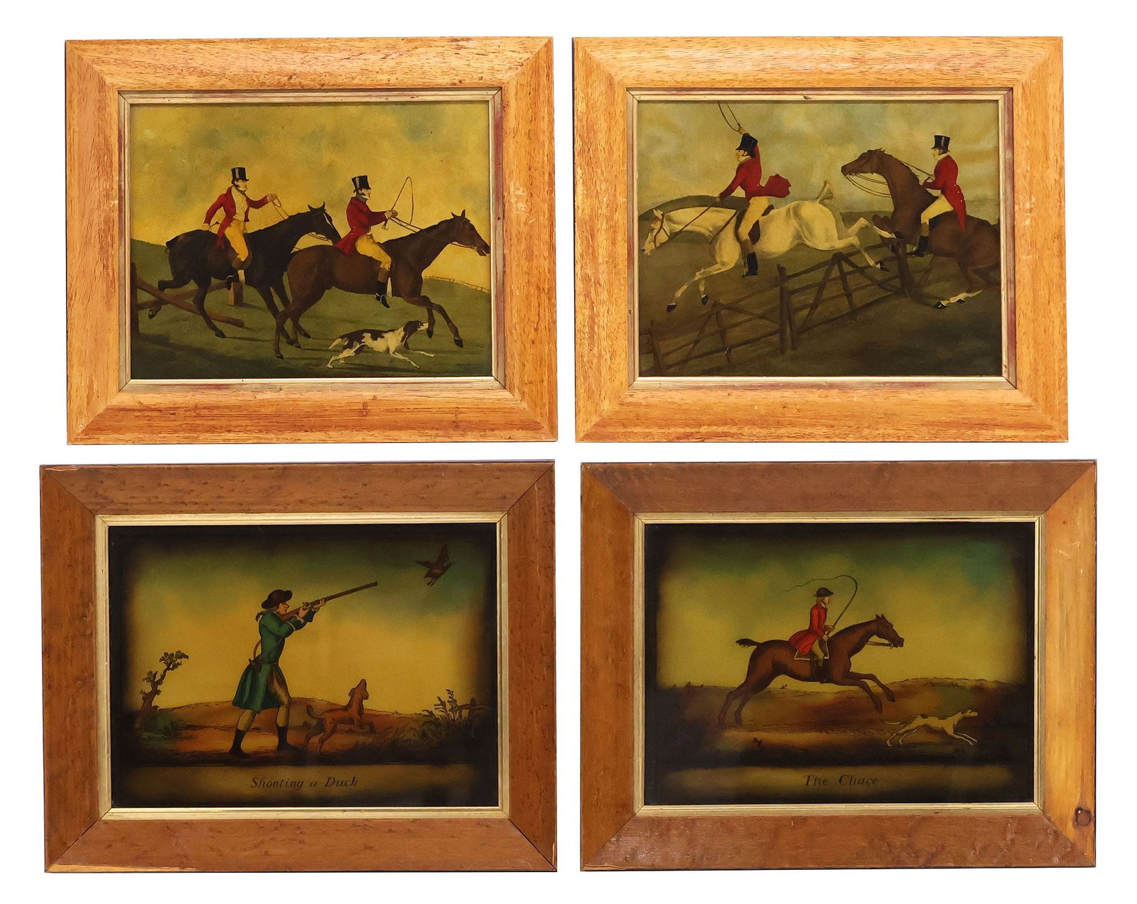 (4) ENGLISH SCHOOL REVERSE PRINTS ON GLASS, EQUESTRIAN HUNT SCENES (1 of 6)
