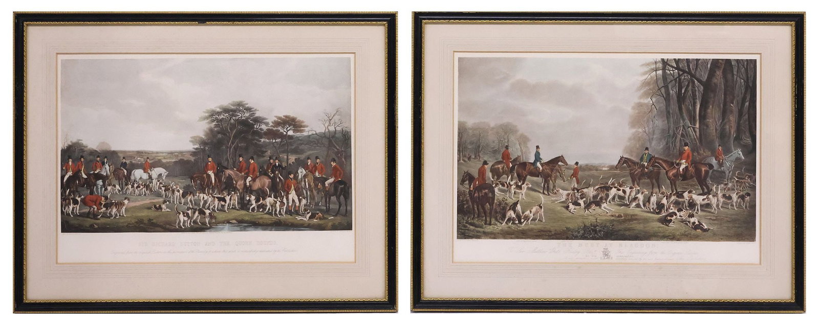 (2) ENGLISH SCHOOL HAND-TINTED ENGRAVINGS, EQUESTRIAN FOX HUNT SCENES (1 of 8)