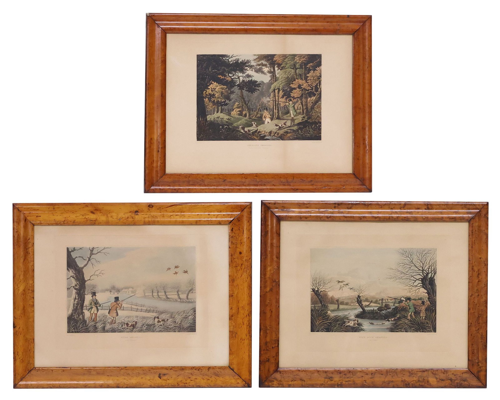 (3) AFTER ROBERT HAVELL JR. (ENGLISH, D.1878) PRINTS, SPORTING HUNT SCENES: (lot of 3) Framed hand-colored intaglio prints on paper, Sporting Scenes, after the series by Robert Havell Jr. (English, 1793-1878), including: (1) "Pheasant Shooting," (1) "Wild Duck Shooting," (1) 