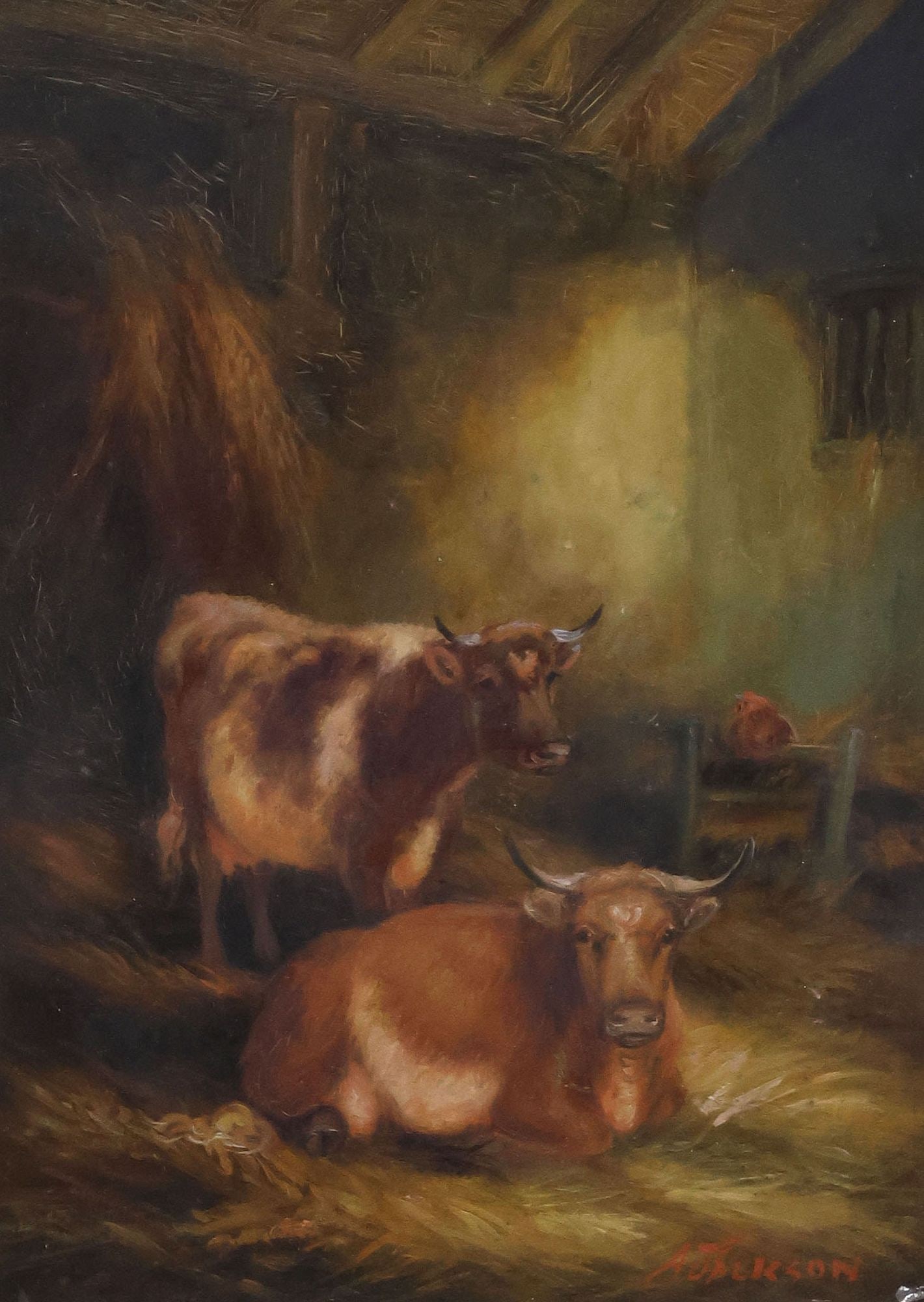 ARTHUR JACKSON (ENGLISH, 19TH C.) OIL PAINTING, COWS IN A BARN: Framed oil on board painting, Cows in a Barn, signed lower right A. Jackson (Arthur Jackson, English, 19th c.), sight: approx 11.25"h, 8.25"w, overall: approx 16.5"h, 13 5/8"w, 4.25lbs