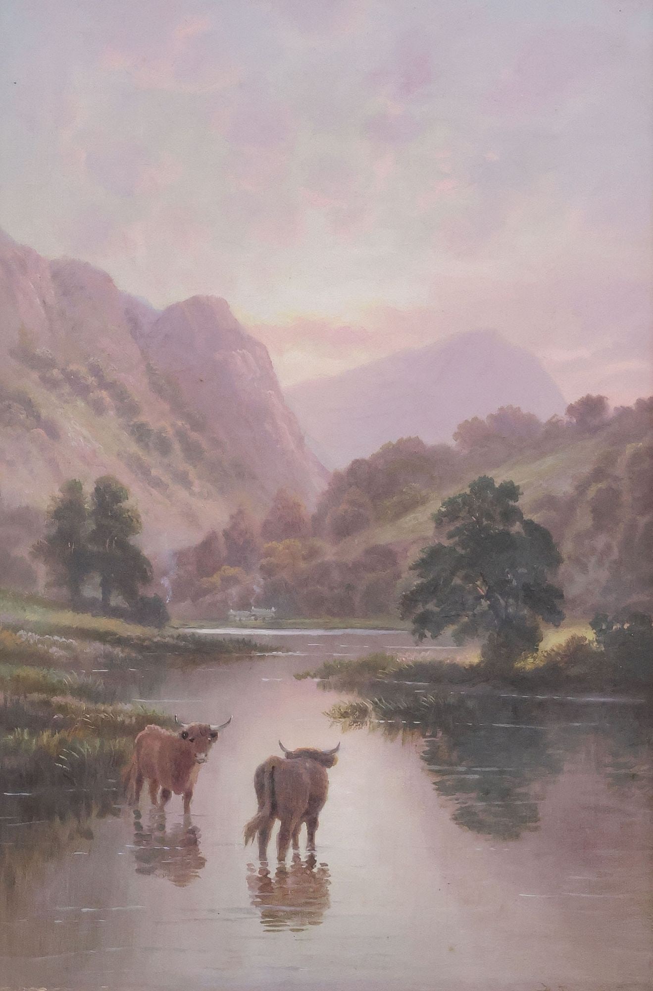ALBERT DUNINGTON (ENGLISH, D.1928) LANDSCAPE PAINTING, HIGHLAND CATTLE IN LOCH: Framed oil on canvas painting, "River Leny, Callander," signed lower right A. Dunington (Albert Dunington, English, 1860-1928), titled verso, encased behind glass, sight: approx 17"h, 11.25"w, overall
