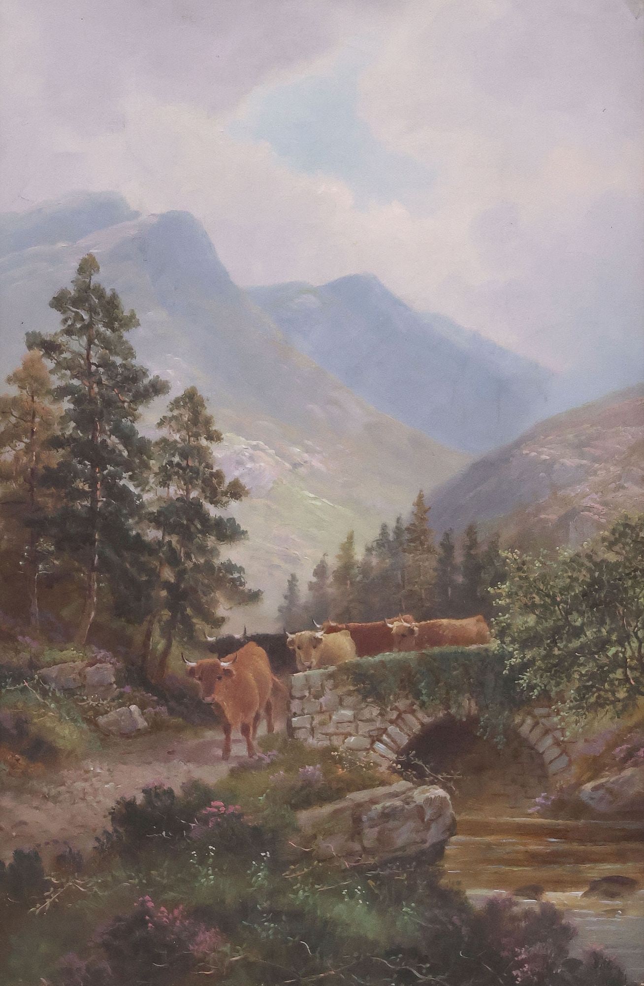 ALBERT DUNINGTON (ENGLISH, D.1928) LANDSCAPE PAINTING, HIGHLAND CATTLE: Framed oil on canvas painting, "Near Callander," signed lower left A. Dunington (Albert Dunington, English, 1860-1928), titled verso, encased behind glass, sight: approx 17"h, 11.25"w, overall: approx