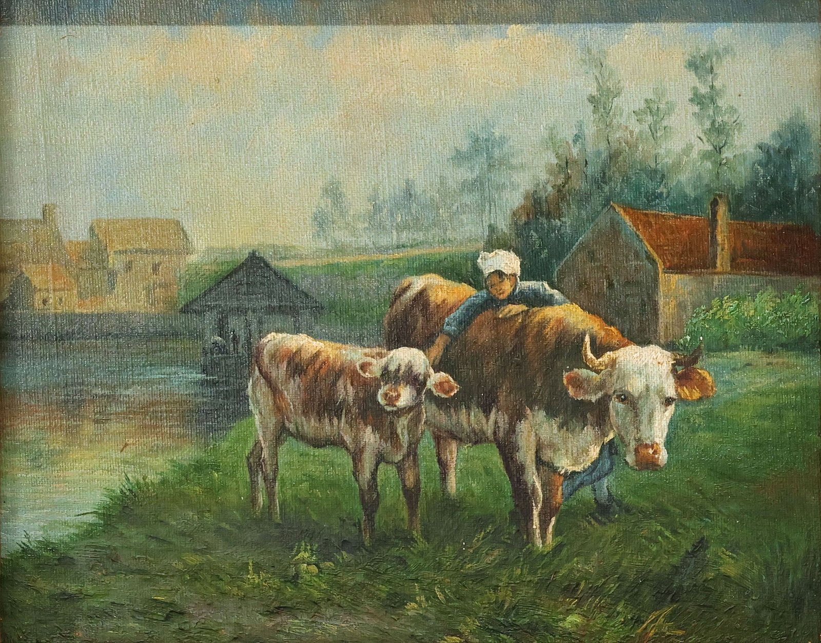 ENGLISH SCHOOL OIL PAINTING, PASTORAL LANDSCAPE WITH CATTLE: Framed English School oil on canvas painting, Pastoral Landscape with Cattle, apparently unsigned, sight: approx 7 5/8"h, 9.75"w, overall: approx 18.25"h, 20 1/8"w, 5.75lbs