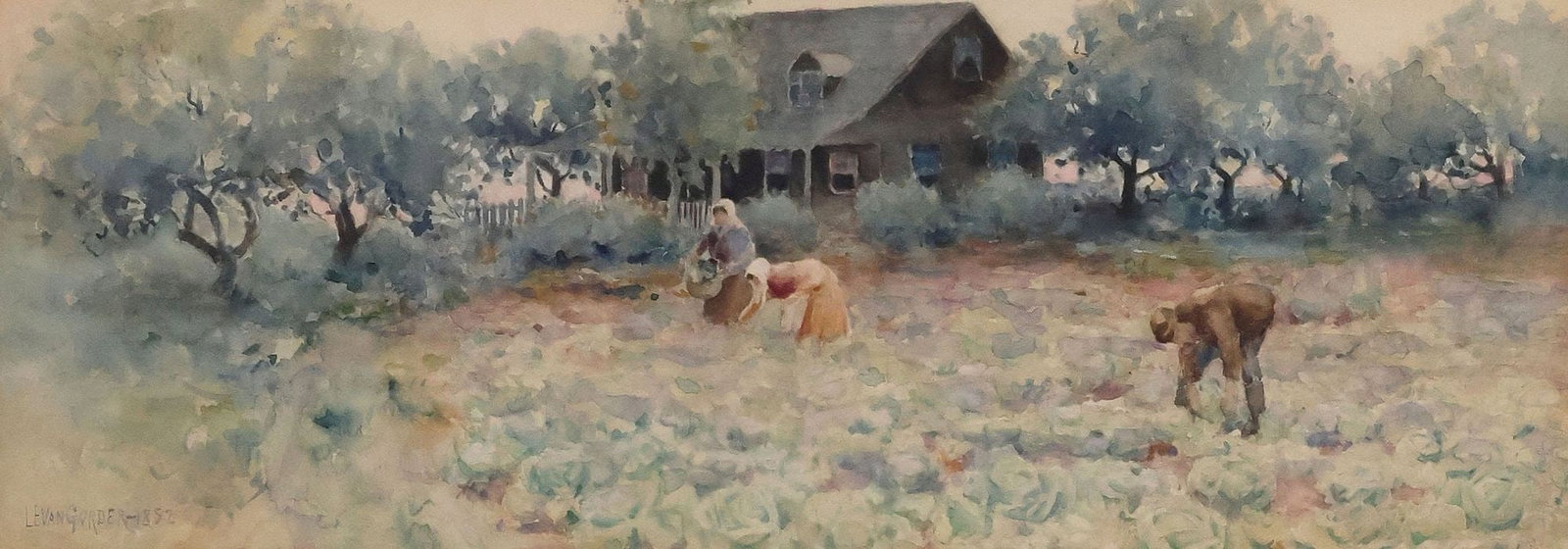 LUTHER VAN GORDER (OHIO, D.1931) WATERCOLOR PAINTING, FARM HARVEST: Framed watercolor painting on paper, Farm Harvest Scene, signed lower left L.E. Van Gorder (Luther Van Gorder, Ohio, 1861-1931), dated 1892, sheet affixed to paperboard backing with unknown adhesive, 
