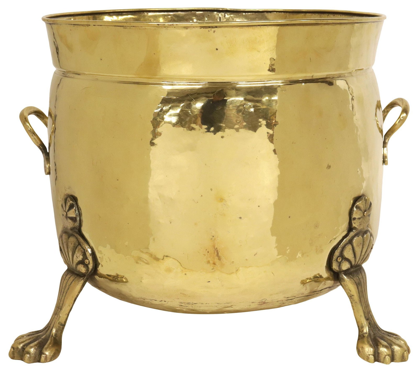ENGLISH VICTORIAN BRASS PLANTER / JARDINIERE ON PAW FEET: English Victorian brass jardiniere/ planter, late 19th c., having rolled lip over cylindrical body, dual rolled handles, rising on paw feet, approx 12.5"h, 16.5"w, 16"d, 7lbs