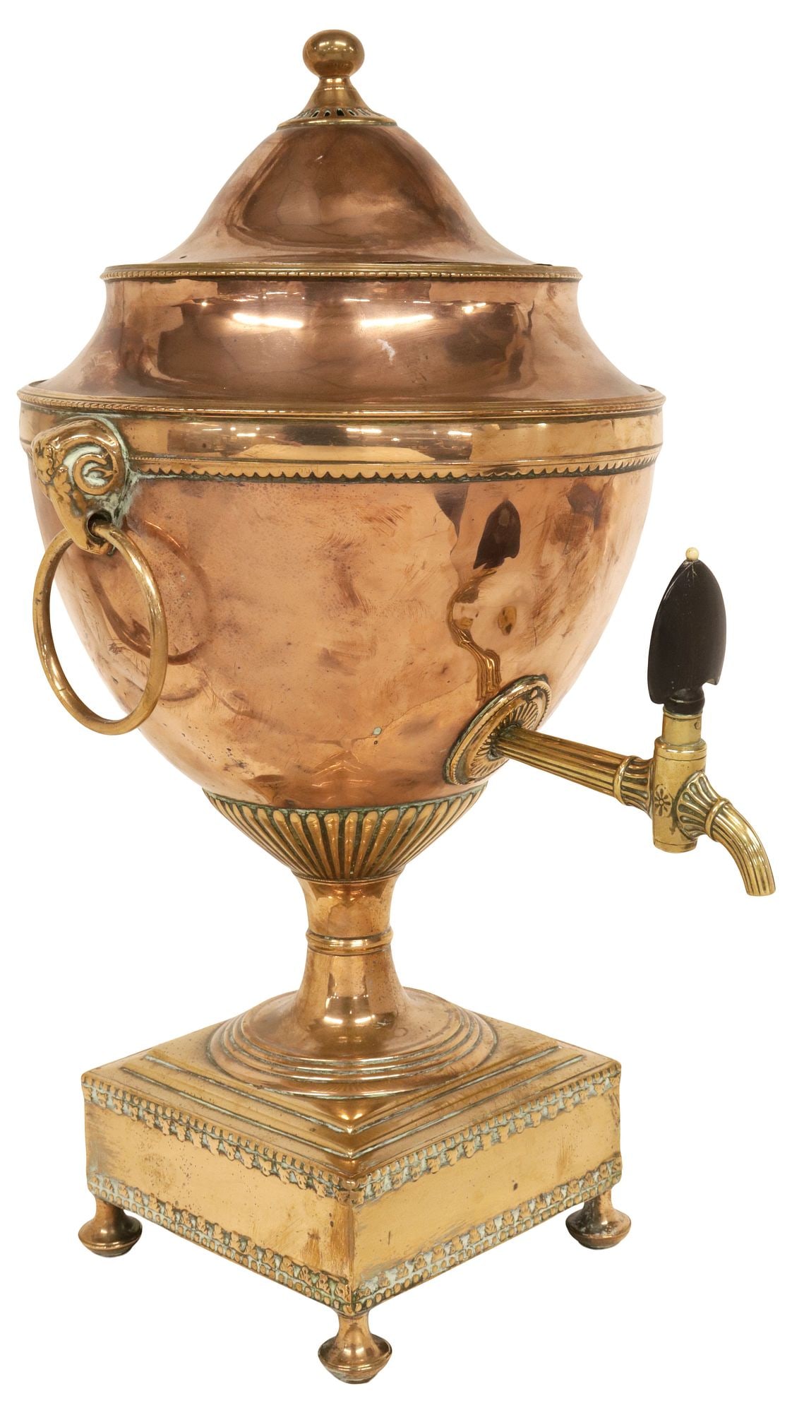 ENGLISH VICTORIAN COPPER & BRASS SAMOVAR / HOT WATER URN: English brass and copper samovar/ hot water urn, 19th c., having lid with rounded knop, over tapering body, with dual ram's mask drop ring handles, fluted brass spigot with ebonized wood handle, risin
