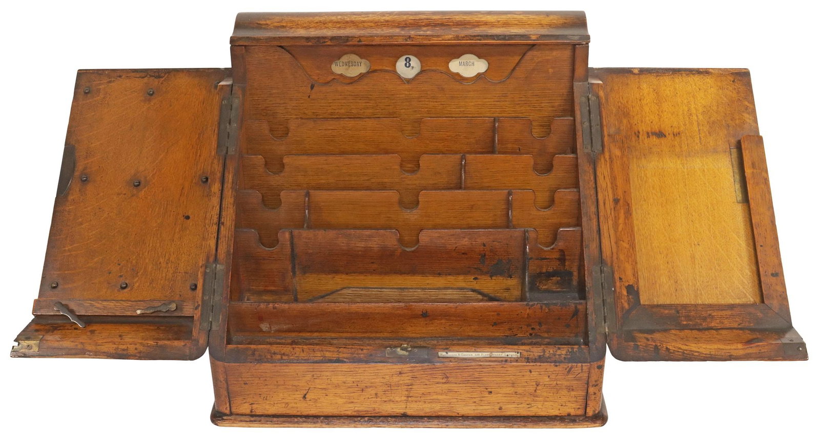 LARGE ENGLISH OAK STATIONARY CABINET / CORRESPONDENCE BOX W/ CALENDAR (1 of 7)