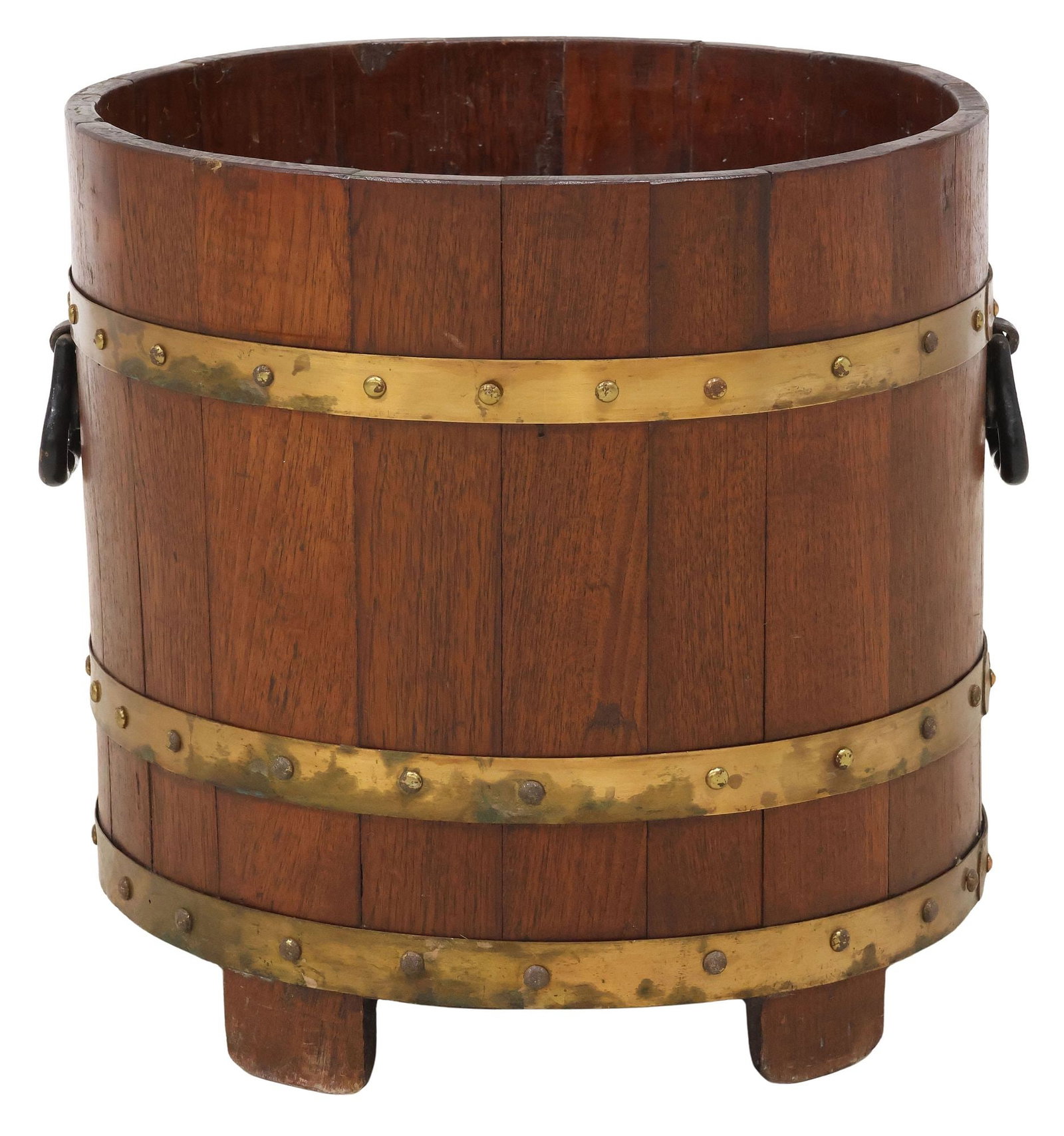 ENGLISH EDWARDIAN COOPERED OAK & BRASS BUCKET / LOG BIN (1 of 5)