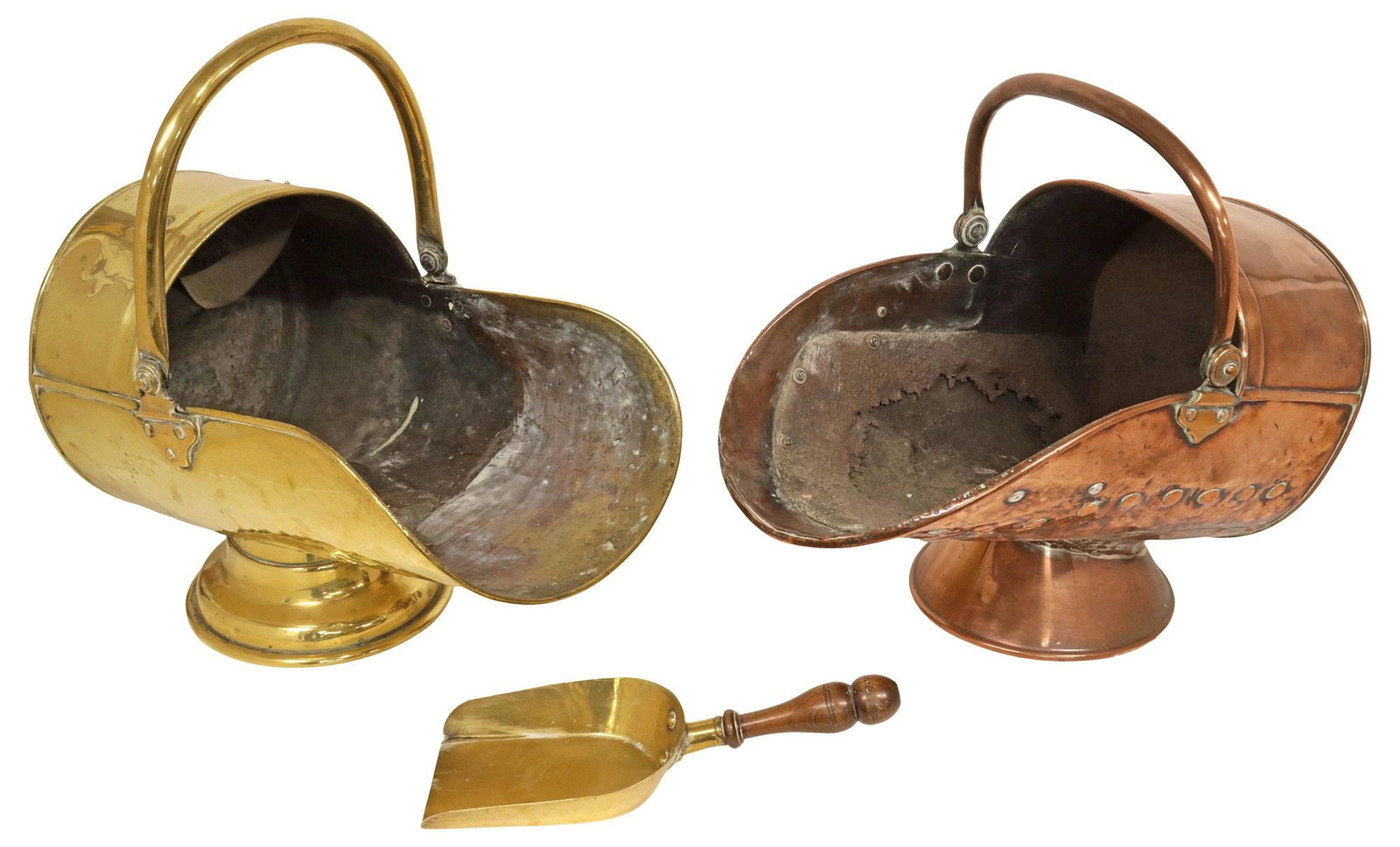 (2) ENGLISH VICTORIAN HANDLED BRASS & COPPER COAL SCUTTLES, 1 WITH SCOOP (1 of 5)