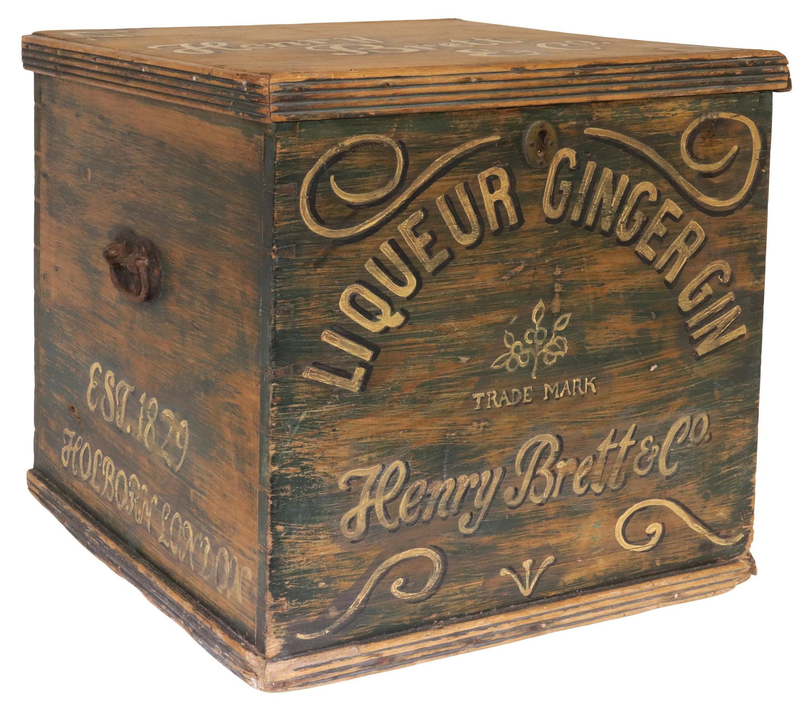 ENGLISH PAINT-DECORATED PINE WORK BOX, HENRY BRETT & CO. GIN (1 of 5)