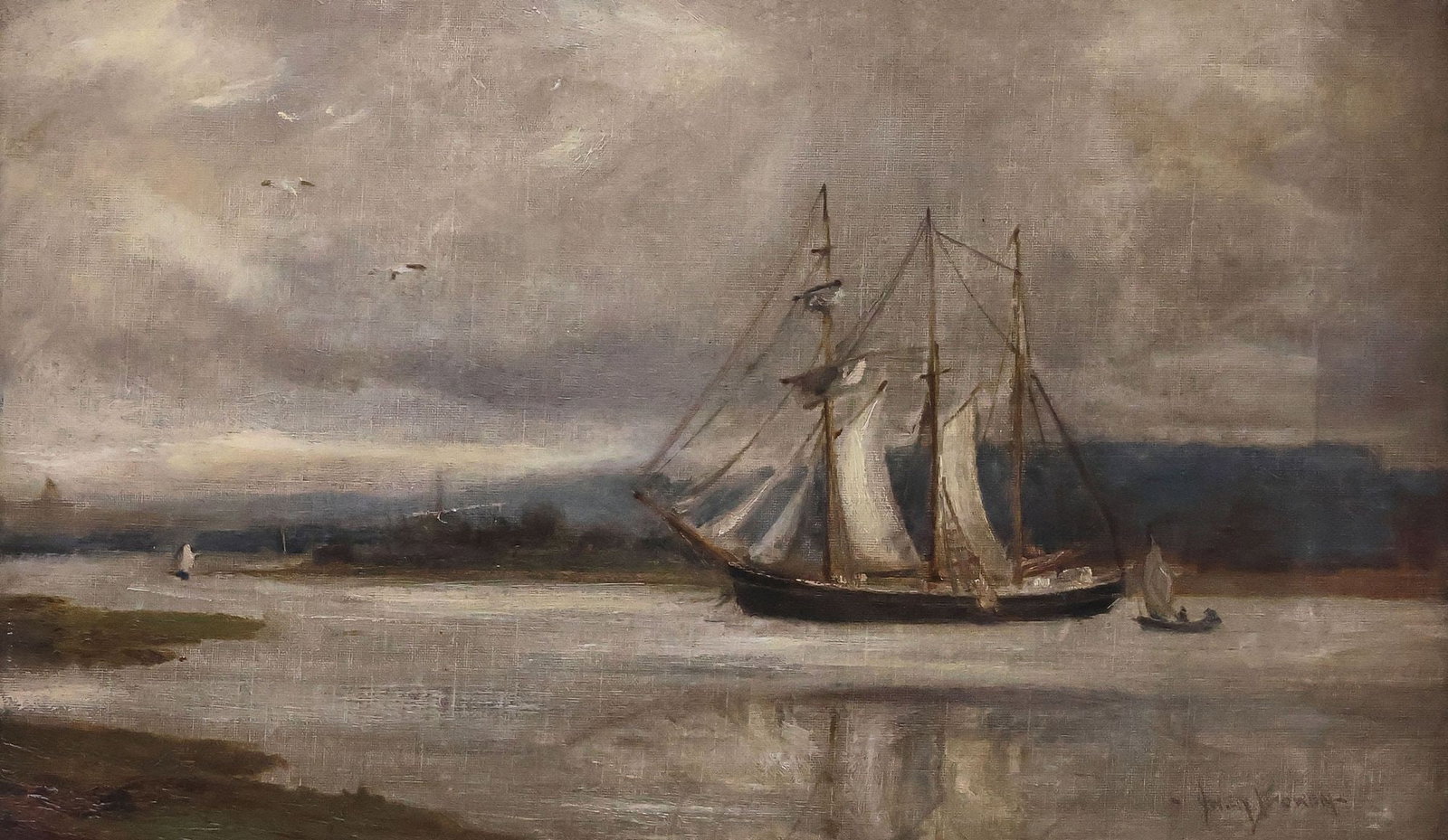 SIGNED ENGLISH SCHOOL (19TH C.) OIL PAINTING, SAILING SHIP SEASCAPE: Framed oil on canvas painting, Sailing Ship in Misty Coastal Landscape, signed lower right Owen Fowen (English, 19th c.), canvas wax relined, sight: approx 11.25"h, 19.25"w, overall: approx 16"h, 24"w