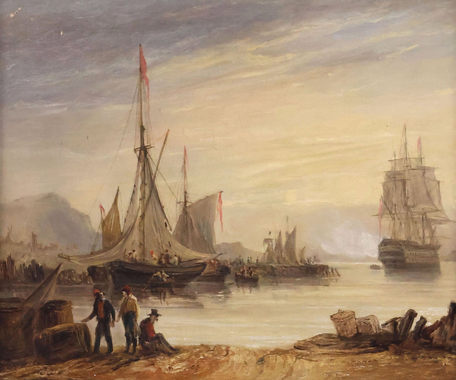 ENGLISH SCHOOL OIL PAINTING, HARBOR SEASCAPE WITH SAILING SHIPS: Framed English School oil on canvas painting, Ships in the Harbor, apparently unsigned, sight: approx 9.5"h, 11.25"w, overall: approx 14"h, 15.75"w, 2.5lbs