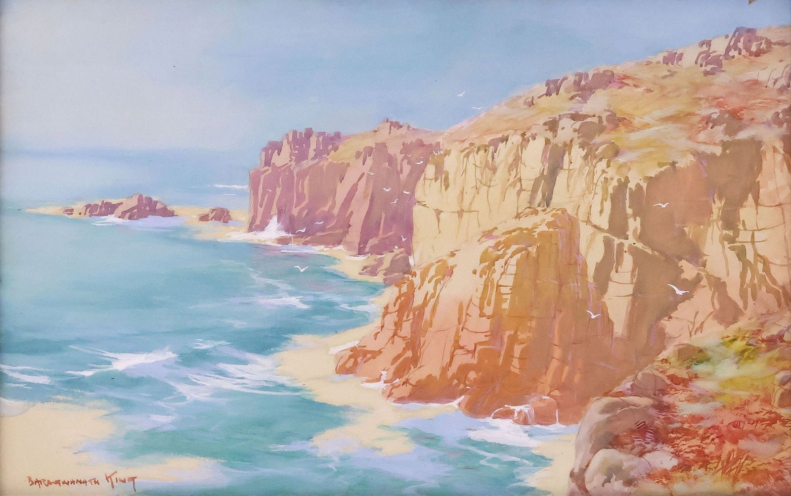 JOHN BARAGWANATH KING (1864-1939) CORNISH COASTLINE PAINTING: Framed watercolor and gouache painting on paper, Birds in Flight Over the Cornish Coast, signed lower left Baragwanath King (John Baragwanath King, British, 1864-1939), encased behind glass, not exami