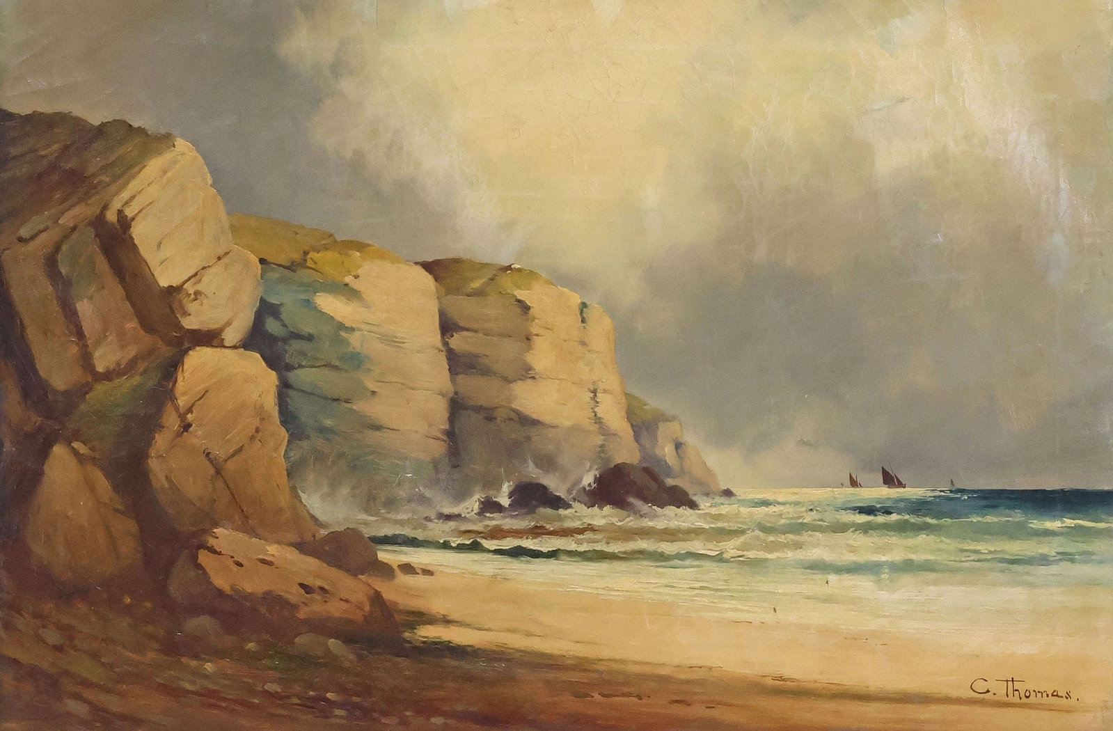 SIGNED C. THOMAS (19TH C.) OIL PAINTING, SEASIDE CLIFF LANDSCAPE: Framed oil on canvas painting, Cliffside Seascape, signed lower right C. Thomas (19th c.), overall craquelure, patched repairs to canvas, sight: approx 19.5"h, 29.5"w, overall: approx 28"h, 38"w, 11lb